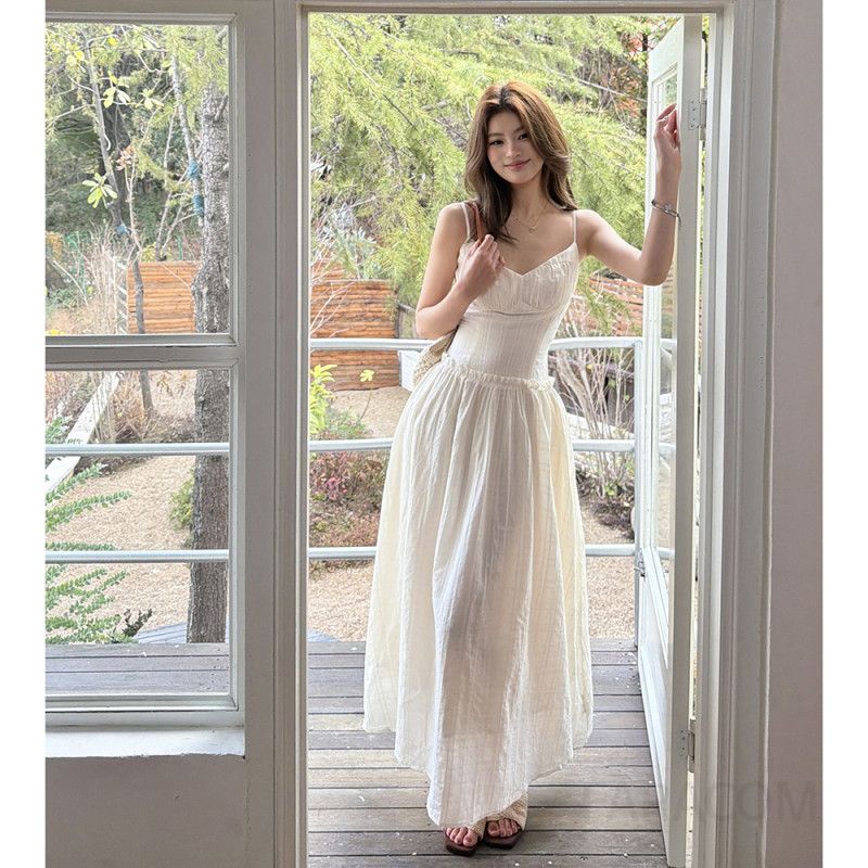 여성 페미닌 우아한 코튼 셔링 슬림핏 민소매 뷔스티에 백리스 롱 원피스 하객룩 데이트룩 휴양지 바캉스룩 맥시 원피스 - 상세 이미지 2