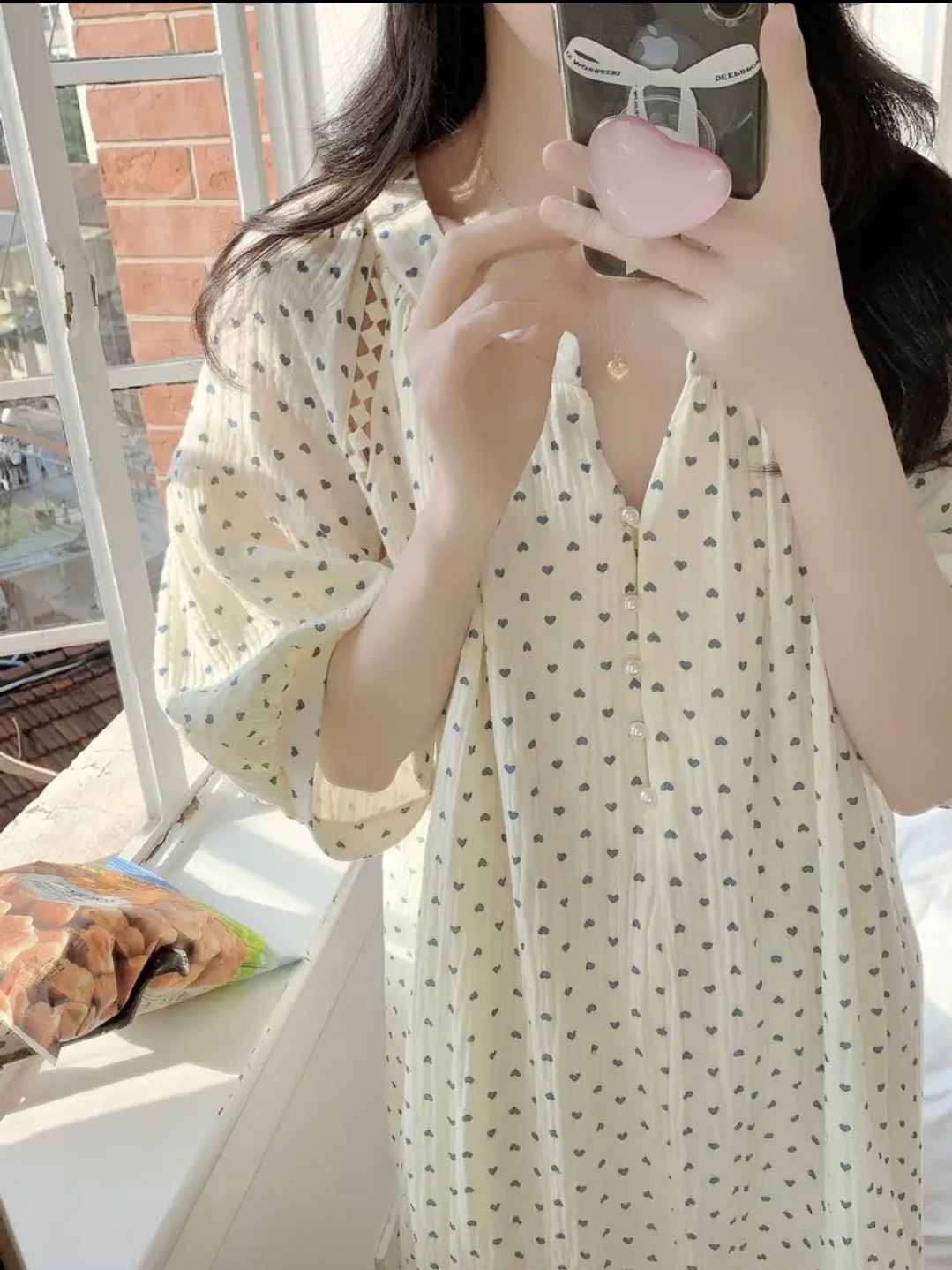 하트 여름 반팔 원피스잠옷 요루면 빅사이즈 여행룩 임산부 수유 파자마 - 상품 이미지