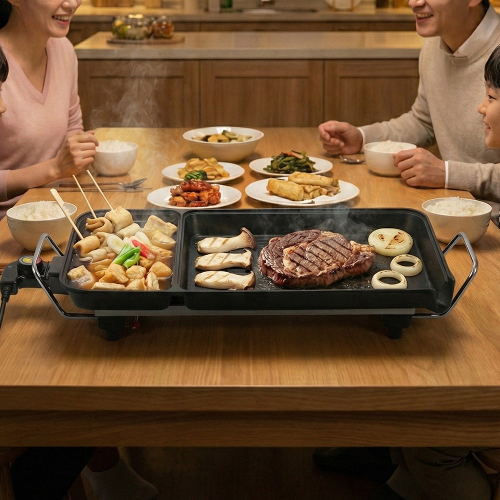 더모아플러스샵 2in1 듀얼 멀티팬 전기후라이팬 전골 구이 동시 조리 하프앤하프그릴 - 상세 이미지 4
