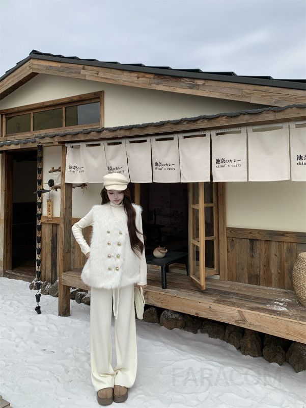 여성 럭셔리 루즈핏 퍼 브이넥 밍크 조끼 와이드팬츠 터틀넥 폴라티 쓰리피스 코디 하객룩 오피스룩 출근룩 윈터 - 상세 이미지 2