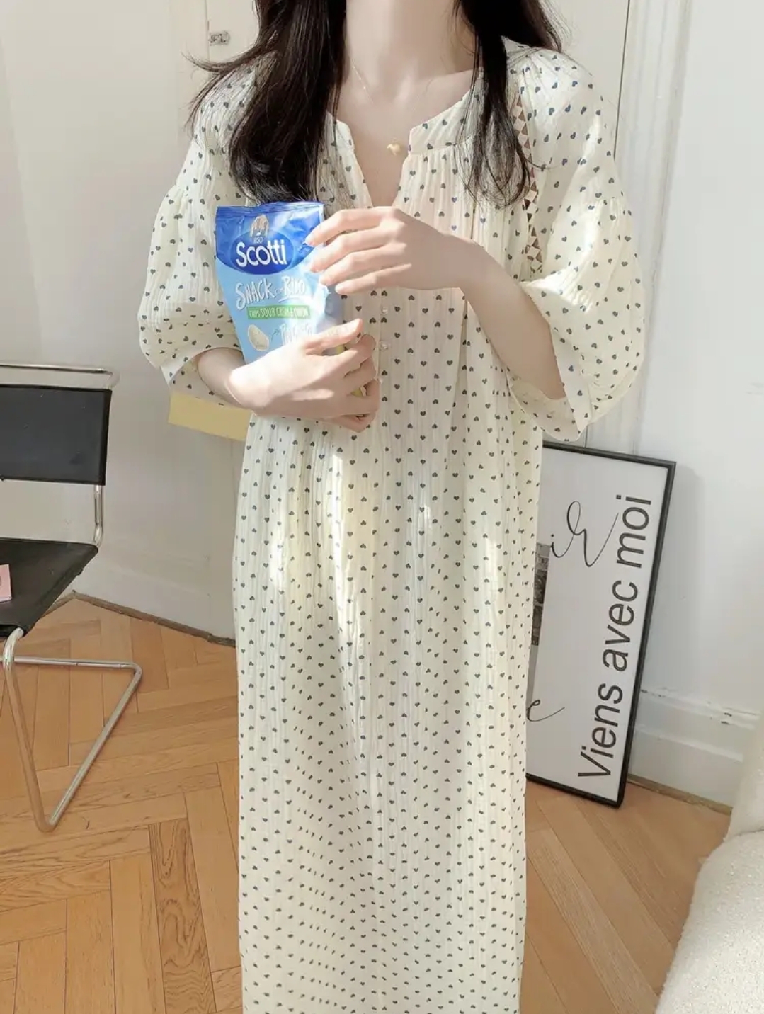 하트 여름 반팔 원피스잠옷 요루면 빅사이즈 여행룩 임산부 수유 파자마 - 상세 이미지 2