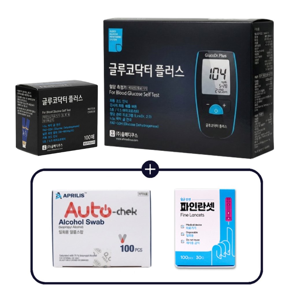 글루코닥터 플러스 혈당측정기+측정지100p+채혈침100p+알콜솜100p - 상품 이미지