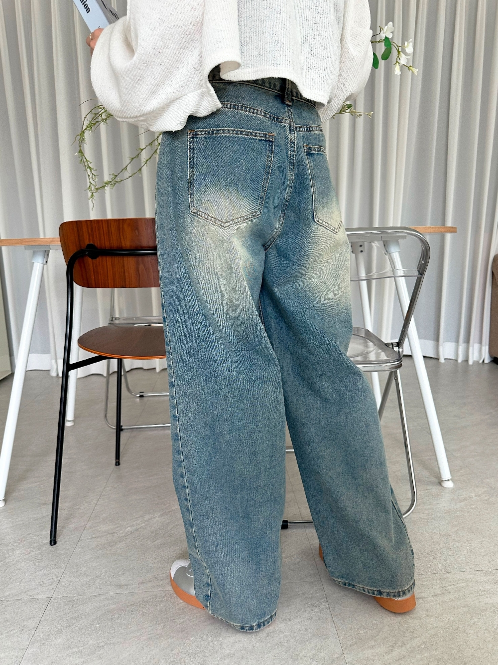 벌룬핏 세미 와이드청바지 절개 하이웨스트 통청바지 데님 팬츠 이미지 6