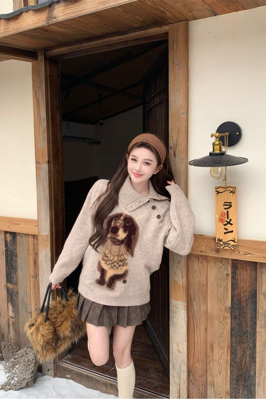 여성 루즈핏 울 하이넥 버튼 강아지 자수 니트 스웨터 가죽 레더 플리츠 미니 스커트 코디 오피스룩 하객룩 데일리룩 이미지 6