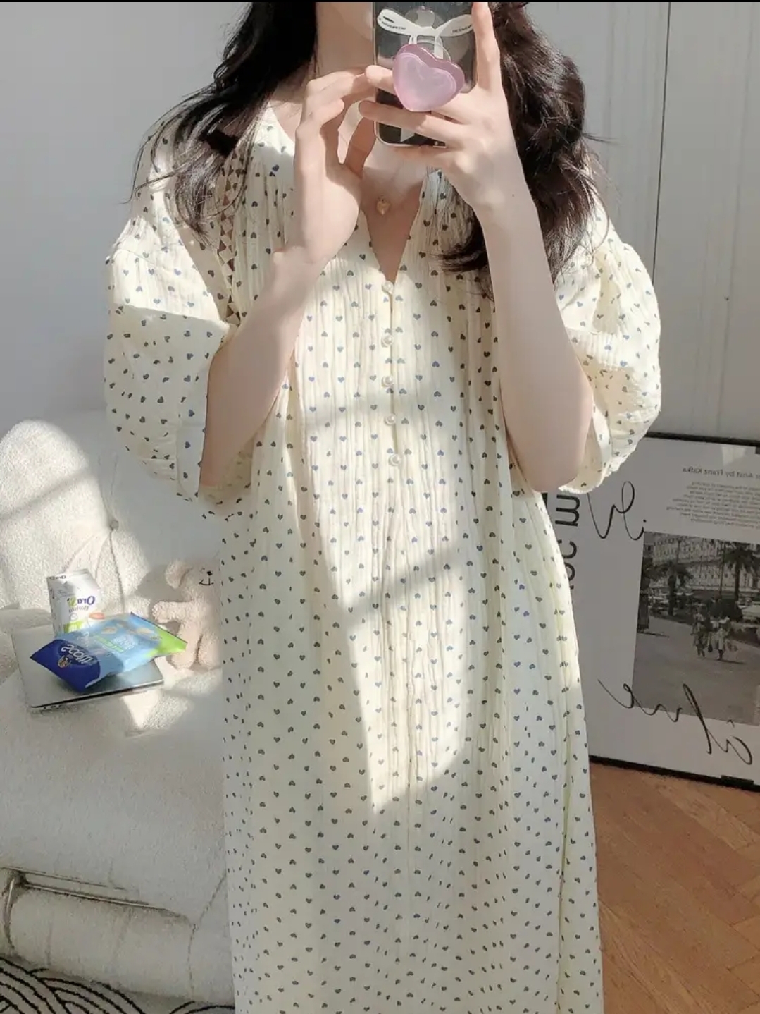 하트 여름 반팔 원피스잠옷 요루면 빅사이즈 여행룩 임산부 수유 파자마 - 상세 이미지 3