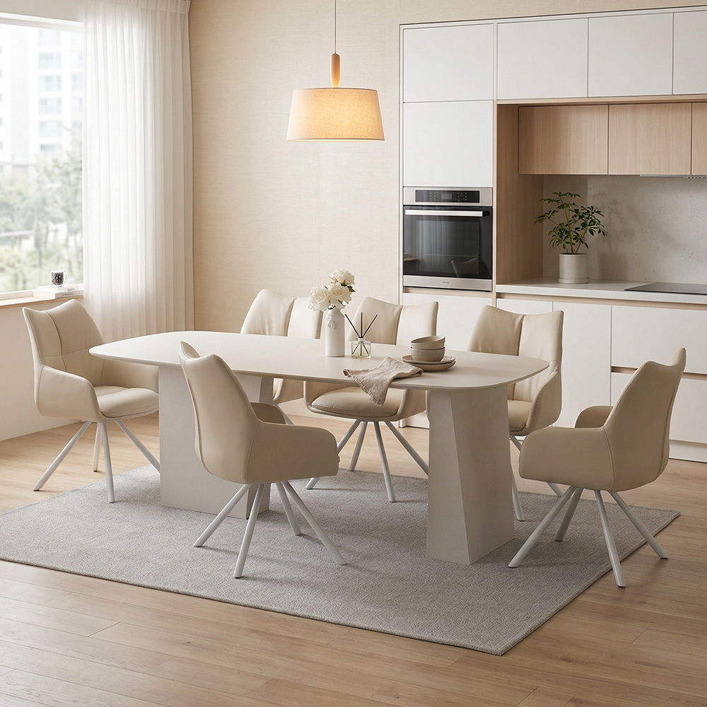 스코나 라벨라 포세린 세라믹 식탁세트 6인 식탁+의자6, 2000mm, 샌디화이트