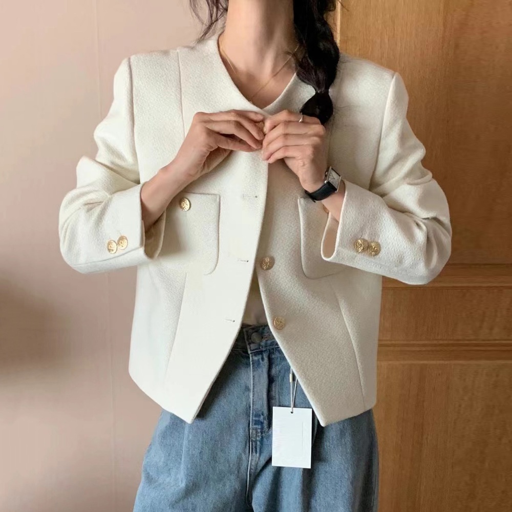 봄 여성 노카라 트위드 자켓 골드버튼 숏자켓 하객룩 데일리룩 - 상품 이미지