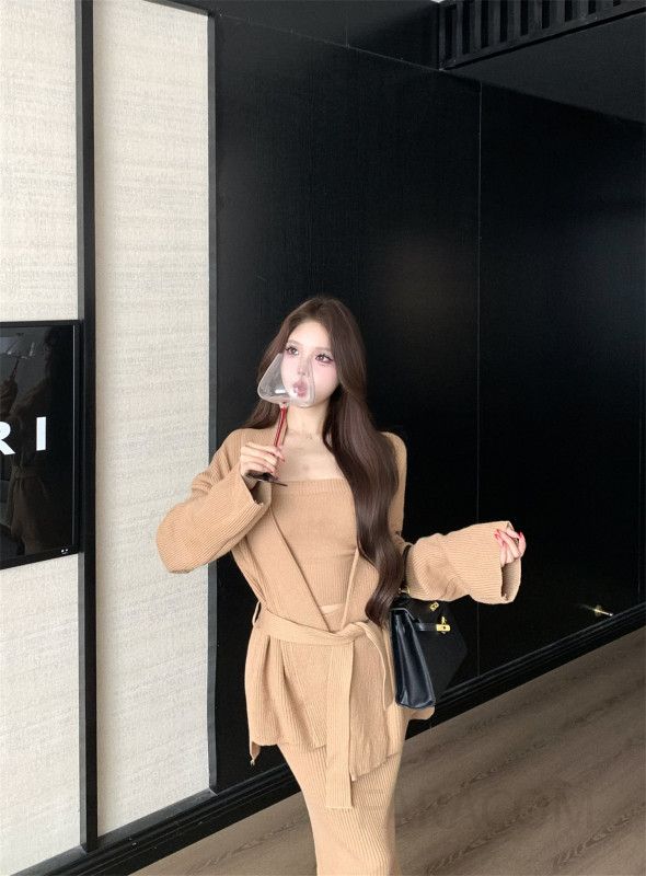 여성 페미닌 라이오셀 텐셀 골지 가디건 튜브탑 롱스커트 쓰리피스 코디 하객룩 오피스룩 우아한 - 상세 이미지 3