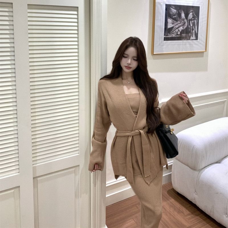 여성 페미닌 라이오셀 텐셀 골지 가디건 튜브탑 롱스커트 쓰리피스 코디 하객룩 오피스룩 우아한 - 상품 이미지