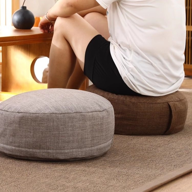 명상 의자방석 원형 키높이 푹신하고 도톰한 면린넨 밝은 회색 지름 50cm 높이 25cm - 상세 이미지 3