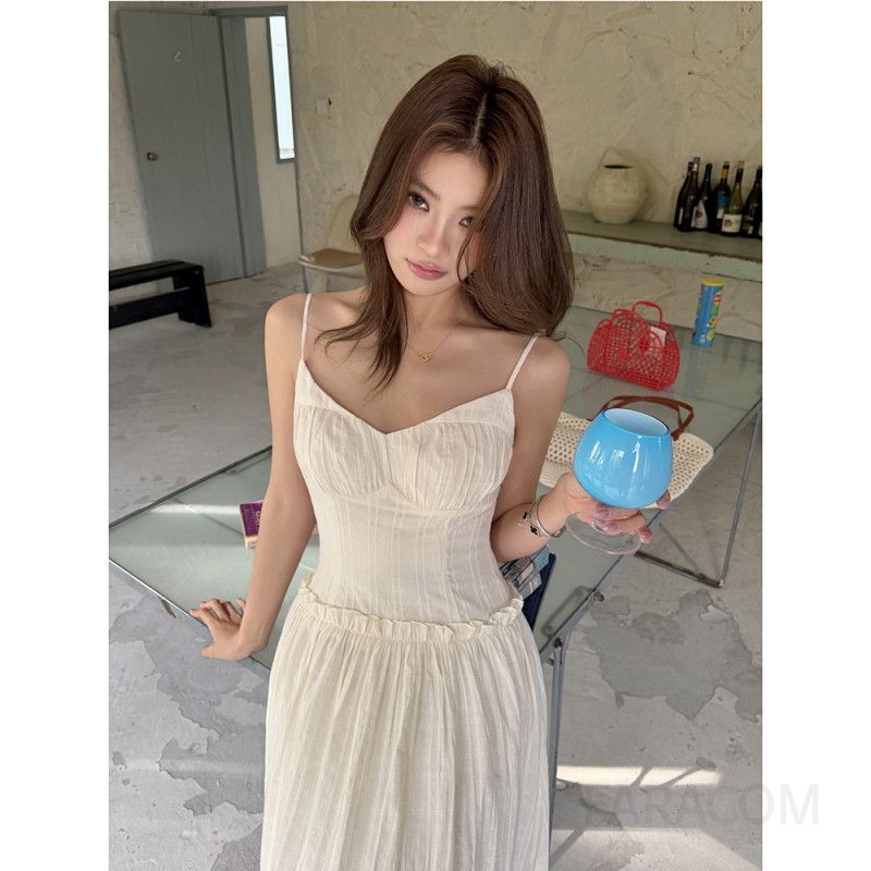 여성 페미닌 우아한 코튼 셔링 슬림핏 민소매 뷔스티에 백리스 롱 원피스 하객룩 데이트룩 휴양지 바캉스룩 맥시 원피스 - 상세 이미지 3