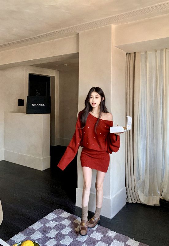 여성 루즈핏 울 핫픽스 큐빅 니트 원피스 미니 벌룬소매 라운드넥 데일리룩 하객룩 오피스룩 럭셔리 우아한 박시핏 - 상세 이미지 2