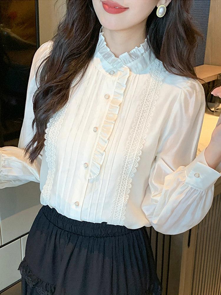 프릴블라우스 럭셔리 레이스 하이넥 노카라 중년여성 엄마 봄 가을 하객룩 화이트 S (40-47.5kg) - 상세 이미지 5