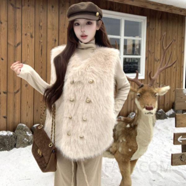여성 럭셔리 루즈핏 퍼 브이넥 밍크 조끼 와이드팬츠 터틀넥 폴라티 쓰리피스 코디 하객룩 오피스룩 출근룩 윈터 - 상품 이미지
