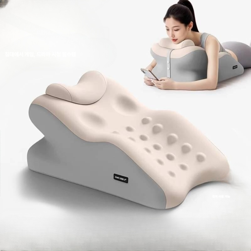 대형 메모리폼 등받이쿠션 인체공학적 요추 목어깨 지지 머리받침 독서용 롱타입 베이지 그레이 - 상품 이미지