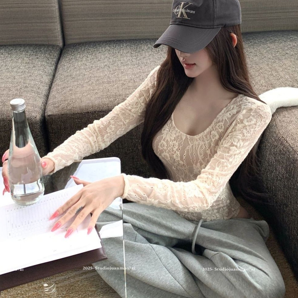 레이스 슬림핏 바디수트 여성 섹시 U넥 시스루 슬림핏 긴팔 이너탑 이너탑 가을겨울 - 상세 이미지 2