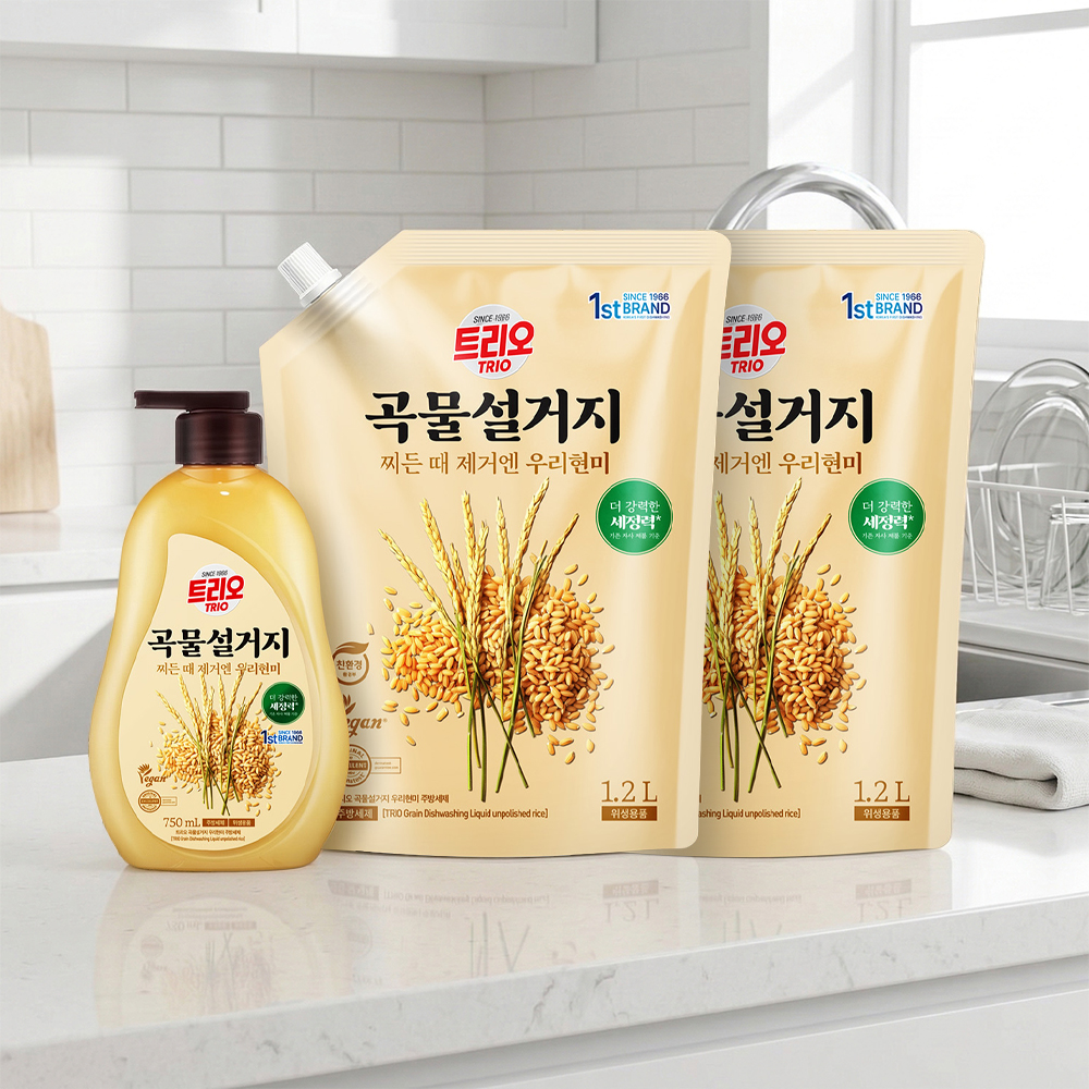 애경 트리오 곡물 설거지 우리현미 1종 주방세제 750ml 용기+1.2L 리필 2개 - 상품 이미지