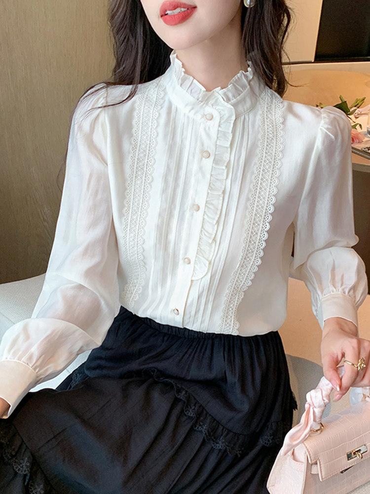 프릴블라우스 럭셔리 레이스 하이넥 노카라 중년여성 엄마 봄 가을 하객룩 화이트 S (40-47.5kg) - 상세 이미지 2
