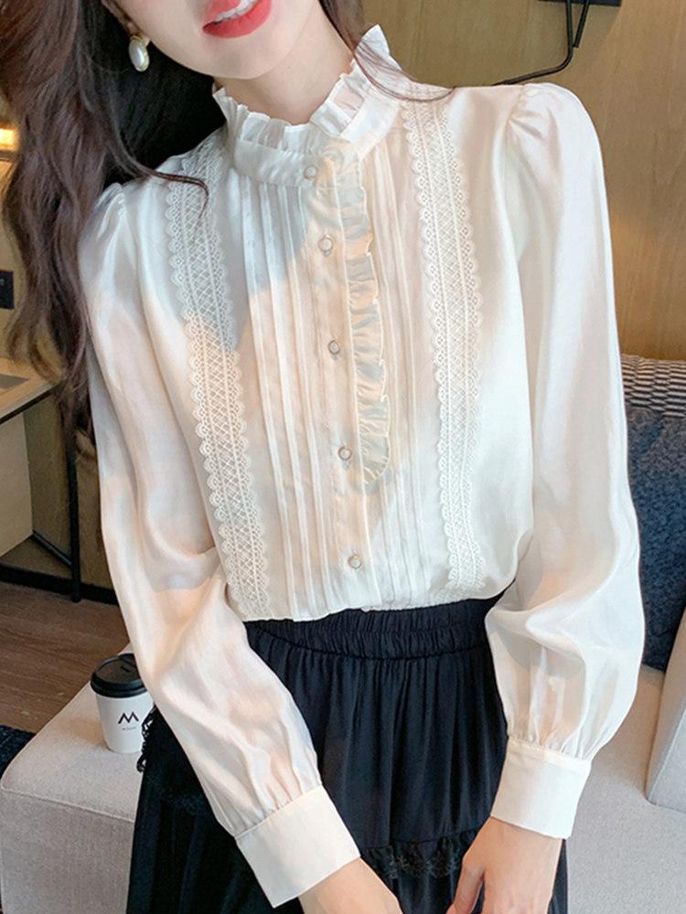 프릴블라우스 럭셔리 레이스 하이넥 노카라 중년여성 엄마 봄 가을 하객룩 화이트 S (40-47.5kg) - 상세 이미지 3