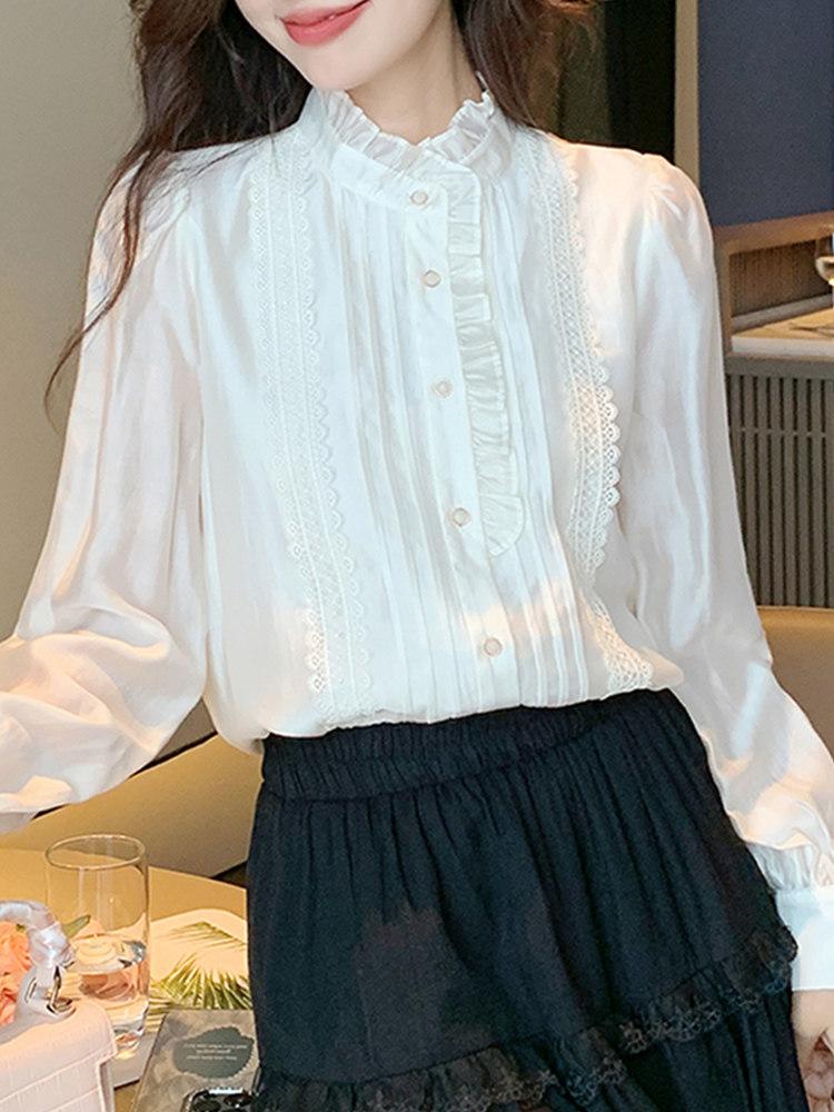 프릴블라우스 럭셔리 레이스 하이넥 노카라 중년여성 엄마 봄 가을 하객룩 화이트 S (40-47.5kg) - 상세 이미지 4