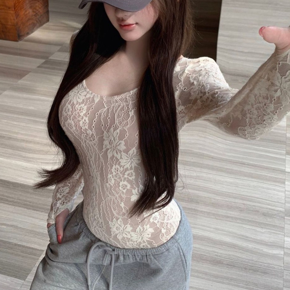 레이스 슬림핏 바디수트 여성 섹시 U넥 시스루 슬림핏 긴팔 이너탑 이너탑 가을겨울 - 상세 이미지 3