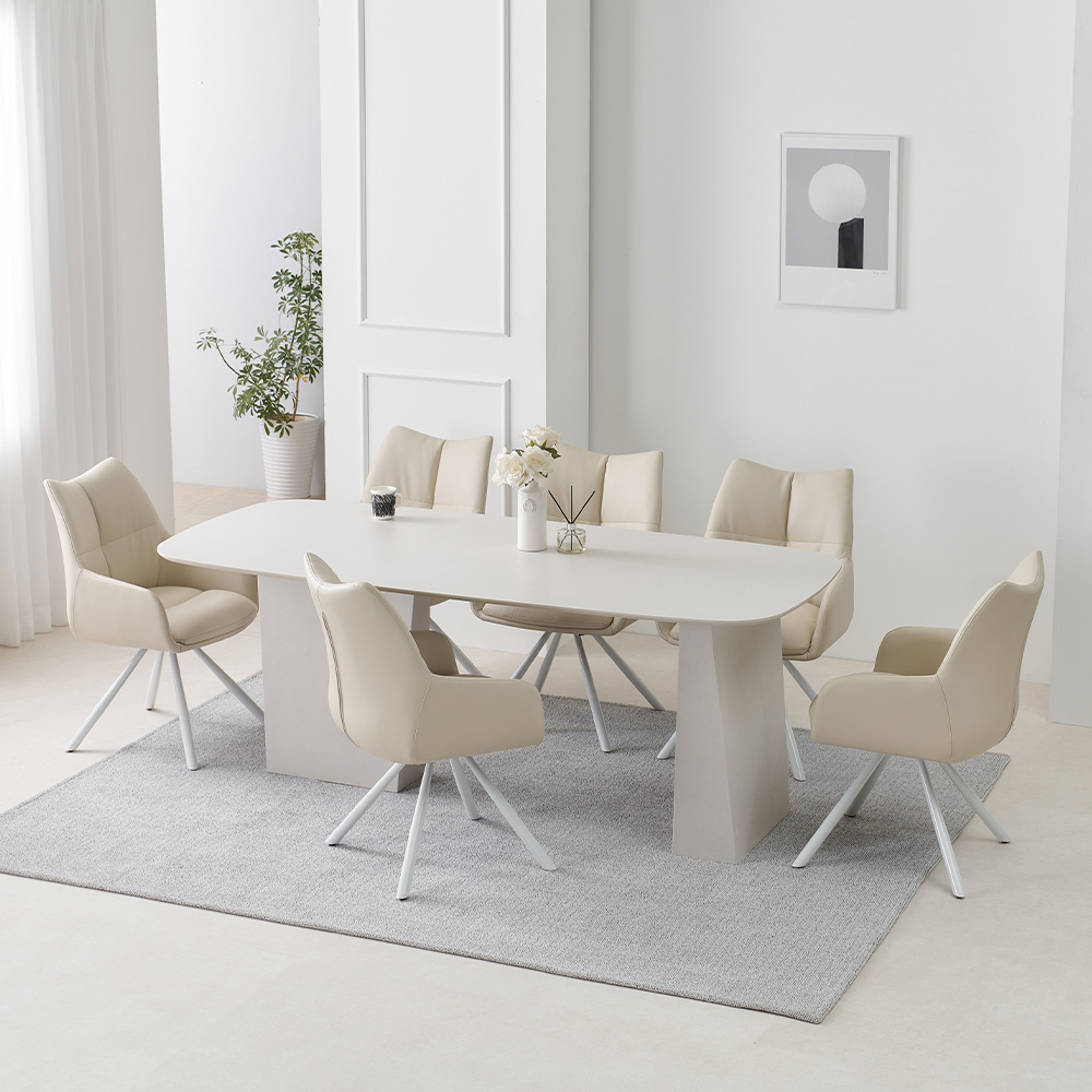 스코나 라벨라 포세린 세라믹 식탁세트 6인 식탁+의자6, 2000mm, 샌디화이트