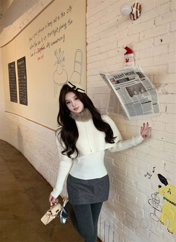 여성 페미닌 무드 니트 집업 망토 넥워머 쓰리피스 코디 루즈핏 하이넥 레이어드 포근한 데일리룩 오피스룩 출근룩 - 상세 이미지 5