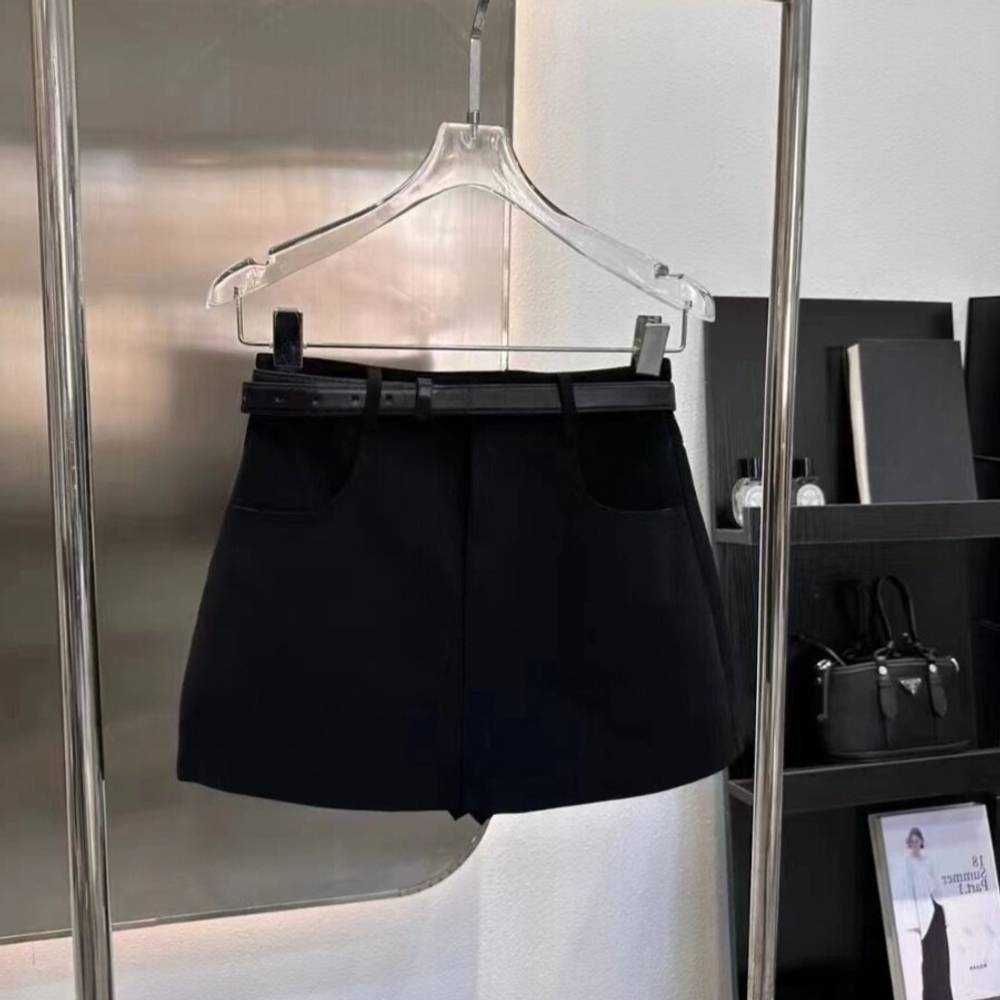 블랙 A라인 미니스커트 하이웨스트 벨티드 포켓 탄탄한 데일리 캐주얼 정장 치마 벨트세트 - 상품 이미지