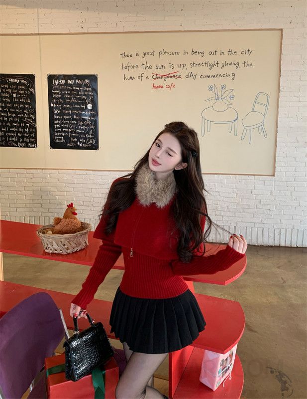 여성 페미닌 무드 니트 집업 망토 넥워머 쓰리피스 코디 루즈핏 하이넥 레이어드 포근한 데일리룩 오피스룩 출근룩 - 상세 이미지 2