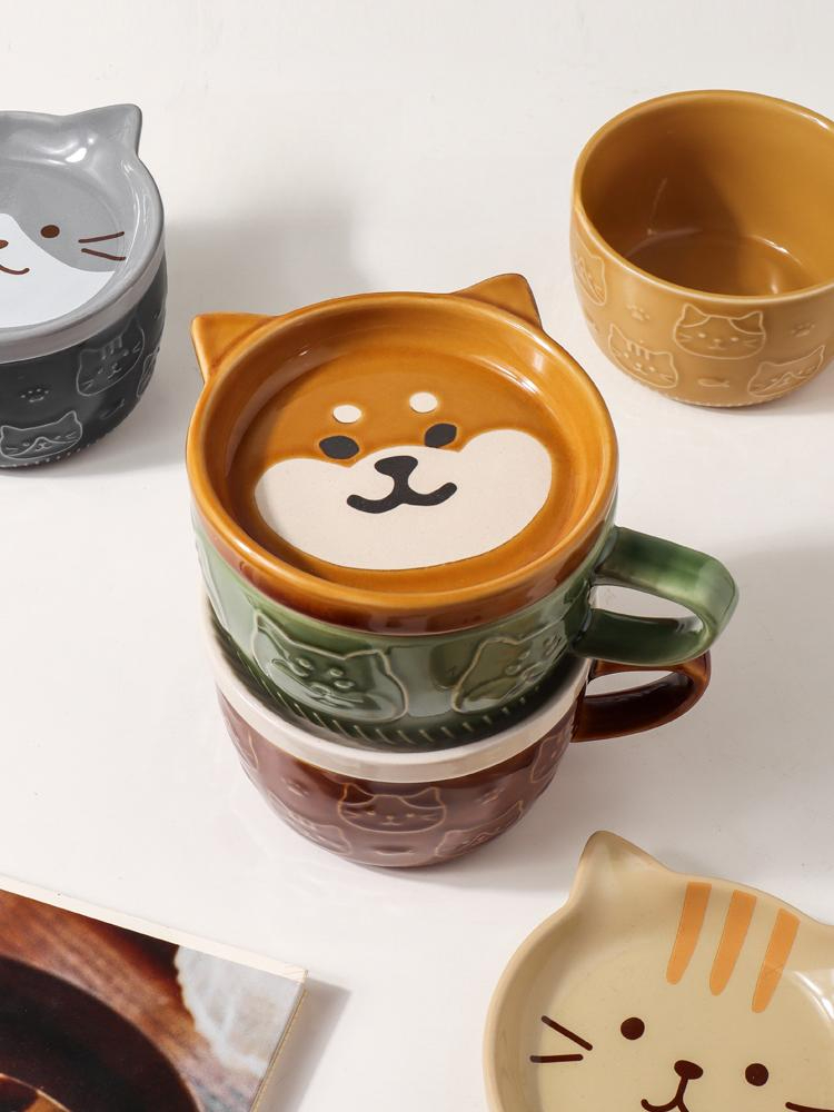 일본식 동물 캐릭터 뚜껑 세라믹 커플 귀여운 머그컵 (시바이누) 빈티지 컵 300ml+세라믹 스푼 - 상품 이미지