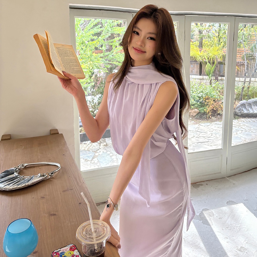 여성 봄여름 쉬폰 투피스 세트 민소매 타이블라우스 미디스커트 오피스룩 - 상세 이미지 2