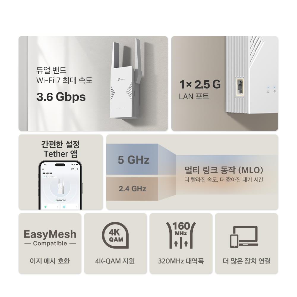 티피링크 RE235BE 듀얼밴드 Wi-Fi7 와이파이7 증폭기 BE3600 3.6Gbps Easy Mesh - 상세 이미지 5