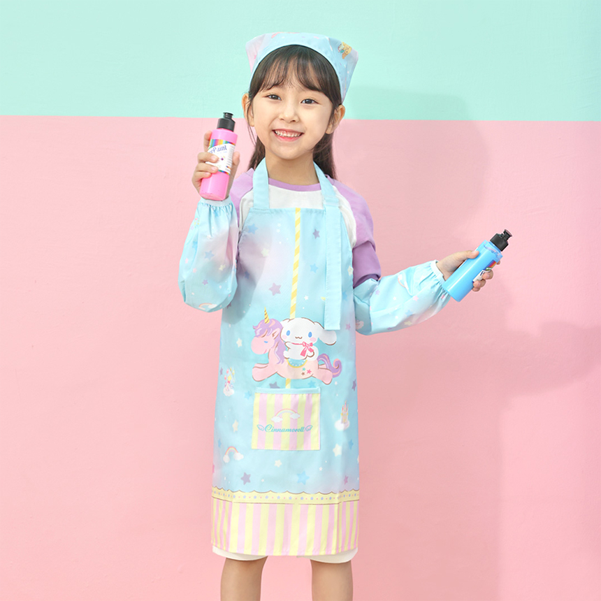 산리오 시나모롤 유아 키즈 여아 앞치마세트 어린이집 유치원 요리 미술가운 방수 토시 두건 - 상품 이미지