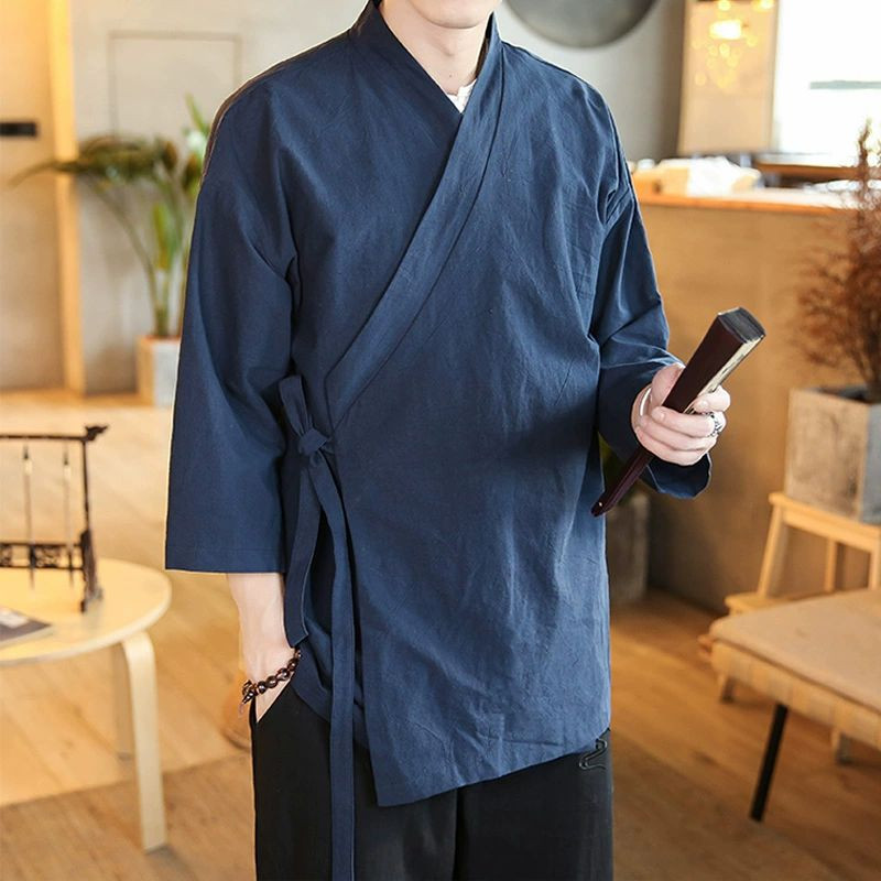 남자 저고리 두루마기 여름 반팔 상의 계량 모시옷 개량 A형 네이비 블루 M 50.0-60.0kg - 상품 이미지