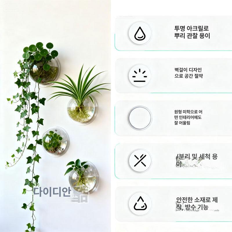 투명 아크릴 화분 수경 벽걸이 플라스틱 벽부형 키우기 18.5cm 없음+후크 - 상세 이미지 5