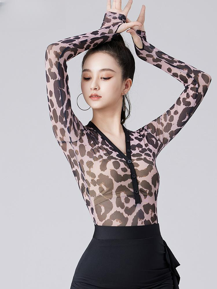 방송댄스복 줌바 라틴댄스 호피 라인 사교 댄스복상의 S 레오파드 메시 S - 상품 이미지