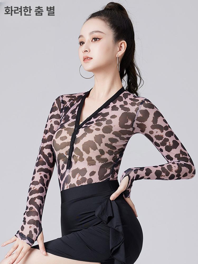방송댄스복 줌바 라틴댄스 호피 라인 사교 댄스복상의 S 레오파드 메시 S - 상세 이미지 5