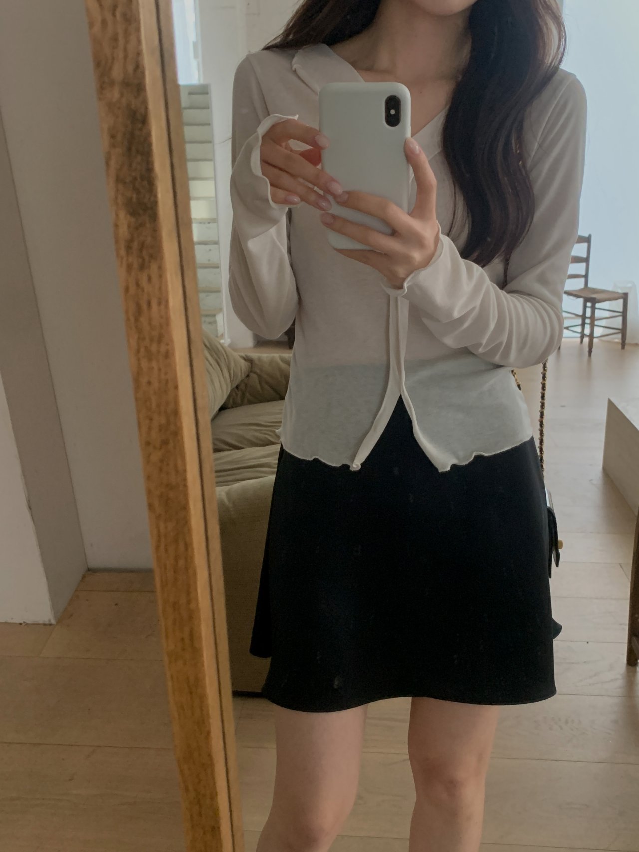 [기획] 오버무드 봄신상 가디건스타일 시스루 물결 긴팔 티셔츠 여성 슬림핏 데일리 티 - 상세 이미지 3