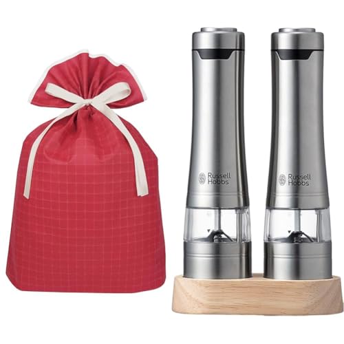 러셀홉스(Russell Hobbs) [기프트 세트] 인디고 선물 포장 봉투 와플백 LL 레드 PG005 + 전동 밀 솔트 & 페퍼 암염 후추 스파이스 굵기 조절 가능 2개 세트 우드 스탠드 실버 7923JP