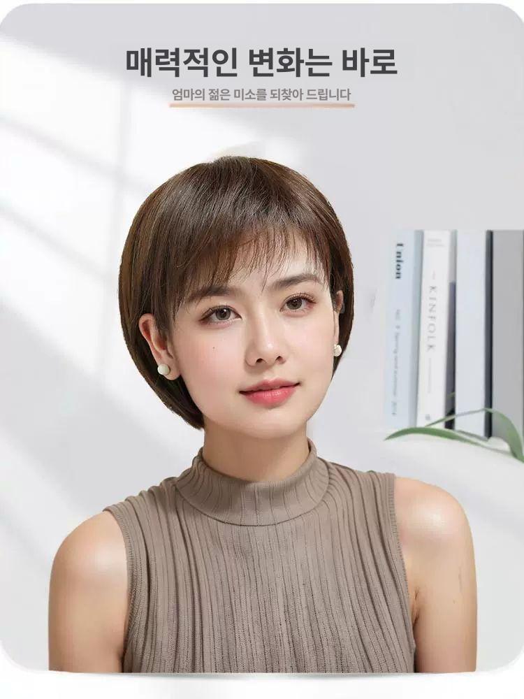 여성 중년 가발 항암 엄마 전체 인모 숏컷 내추럴블랙 리얼리스틱 5피스 - 상세 이미지 2