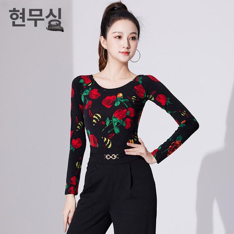 라틴댄스복 여성 공연 M 상의 긴소매 라인 살사 로즈 플라워 긴소매 M - 상세 이미지 3