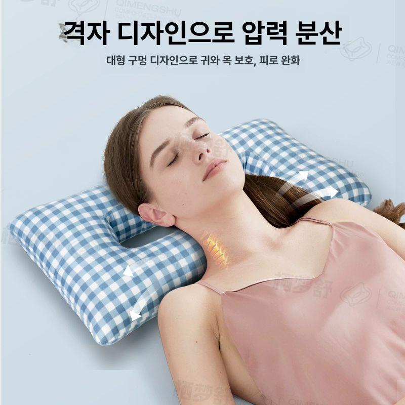 귀눌림방지 베게 압력 귀보호 피어싱베개 수면용 분산 블루 약간 단단한 목 지지 메밀껍질 - 상세 이미지 4