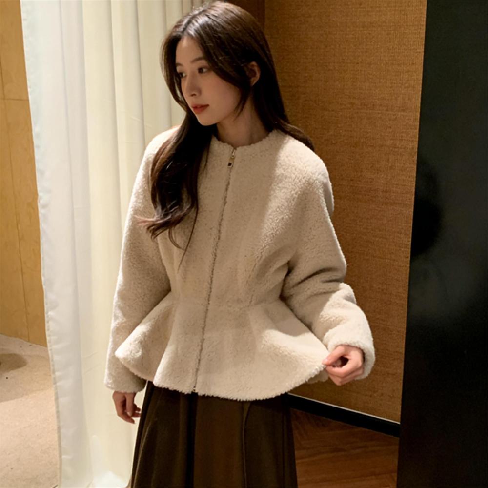 겨울 양털 카라 숏 퍼 코트 베이지 슬림핏 블라우스 S 베이지 코트 - 상세 이미지 3