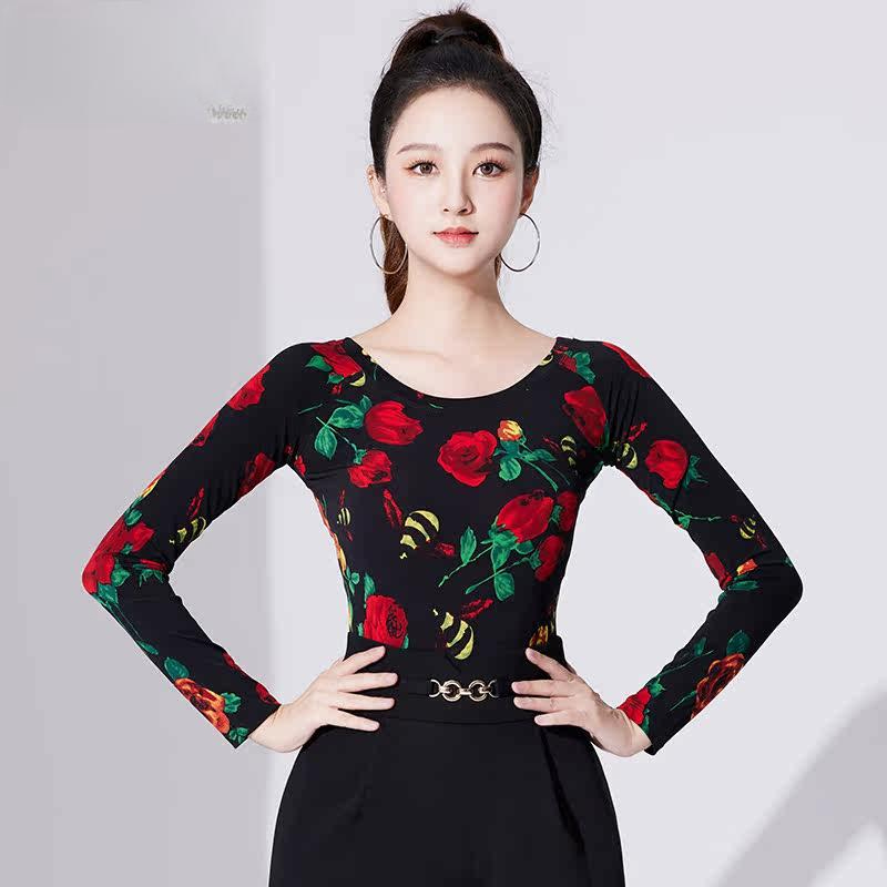 라틴댄스복 여성 공연 M 상의 긴소매 라인 살사 로즈 플라워 긴소매 M - 상품 이미지