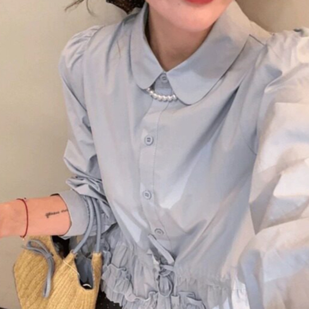여성스러운 블라우스 레이스 밑단허리끈 라운드카라 프릴 셔링 벌룬소매 긴팔 셔츠 봄가을 - 상세 이미지 2