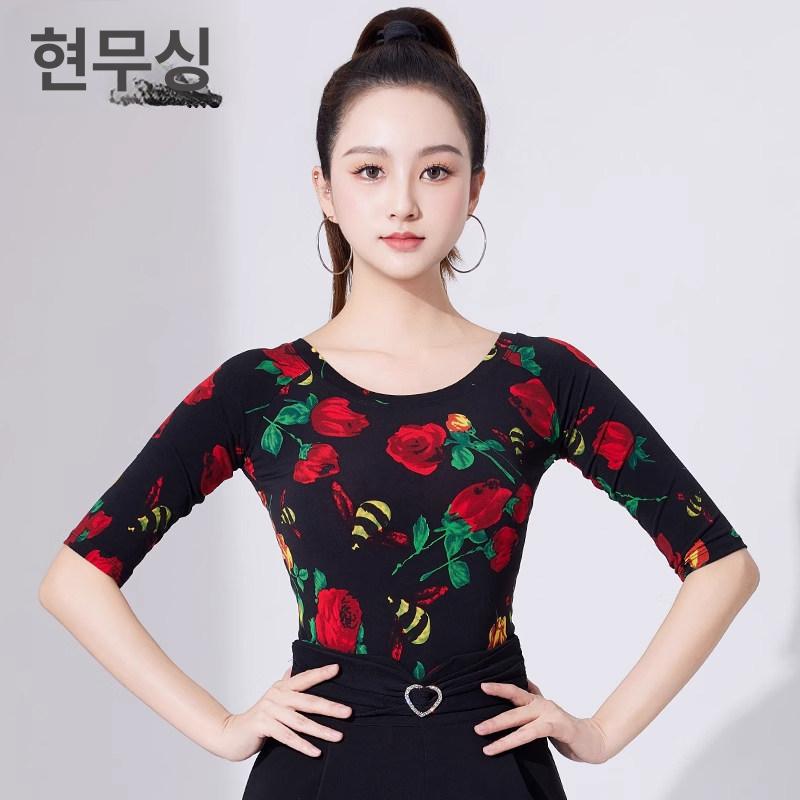 라틴댄스복 여성 공연 M 상의 긴소매 라인 살사 로즈 플라워 긴소매 M - 상세 이미지 2