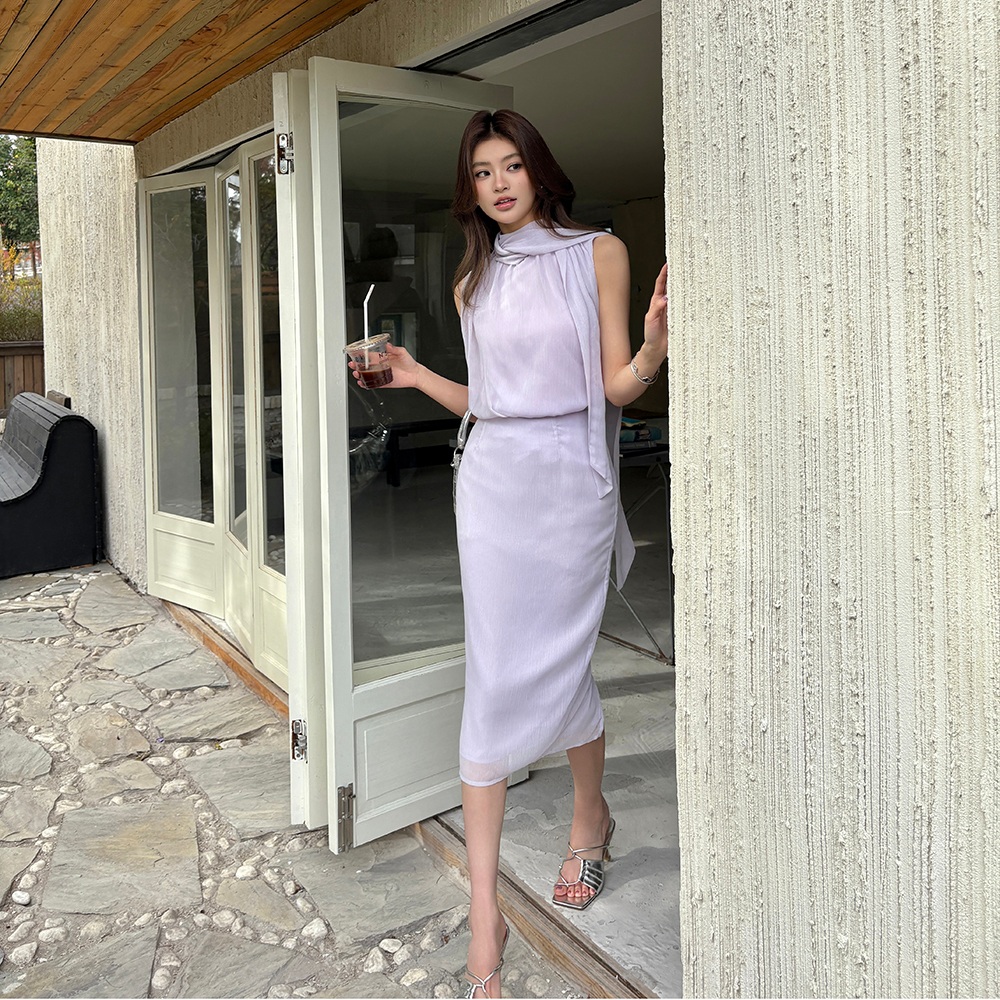 여성 봄여름 쉬폰 투피스 세트 민소매 타이블라우스 미디스커트 오피스룩 - 상세 이미지 3