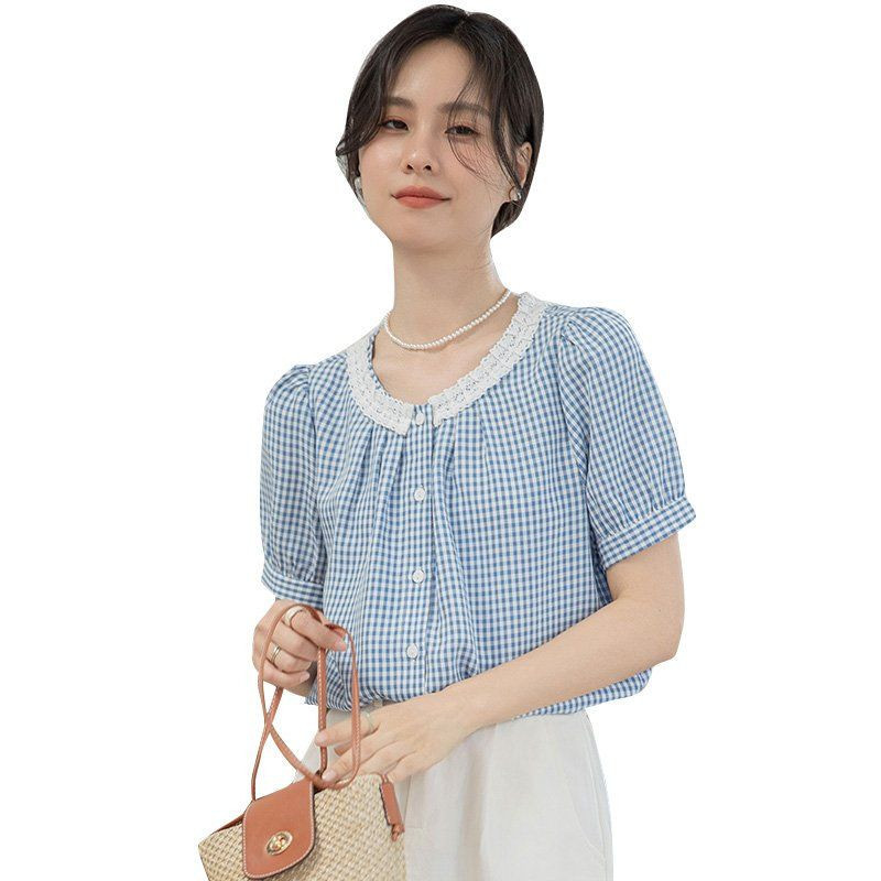 봄 여름 슬림핏 체크 반팔 블라우스 레이스넥 퍼프소매 셔츠 데일리룩 데이트룩 러블리 - 상세 이미지 2