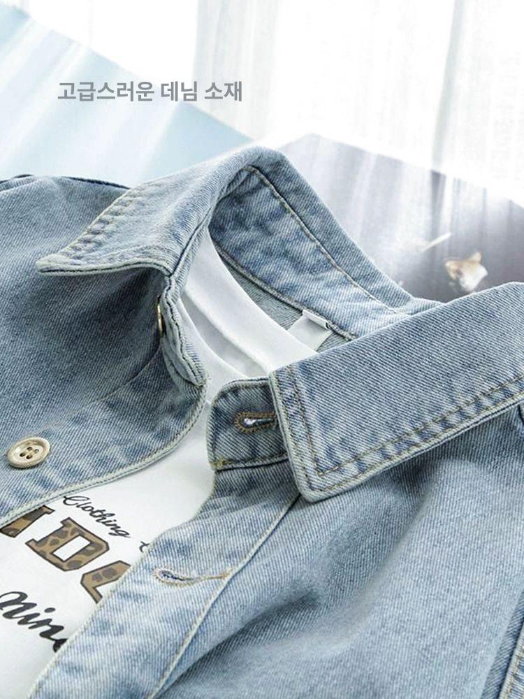 여성 데님 셔츠 빈티지 레트로 루즈핏 긴팔 남방 프렌치 재킷 봄 블라우스 연파랑 M 52.5-59kg - 상세 이미지 3