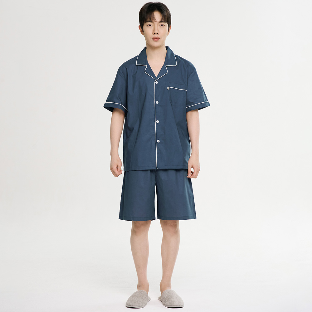 클래식네이비 남성 여름 반팔 순면 아사면 잠옷 파자마 홈웨어 세트 상품 이미지
